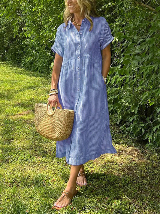 ✨ Ριγέ πέτο κουμπί κάτω Shirtdress | Με λειτουργικές τσέπες