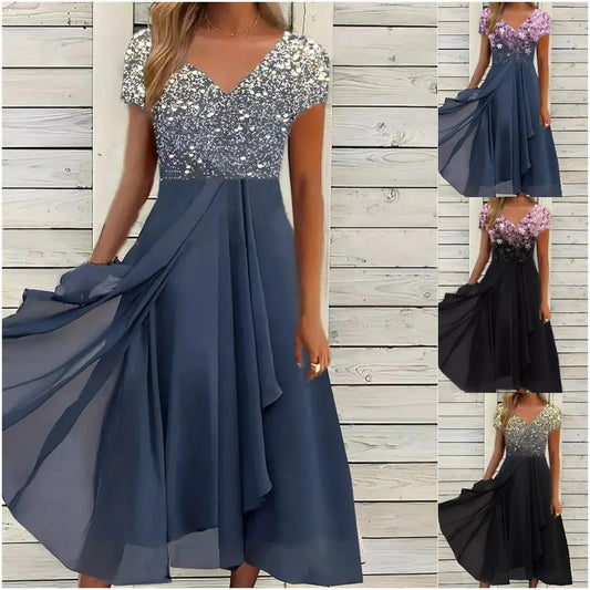 Women's Summer V-Neck Printed Patchwork Dress