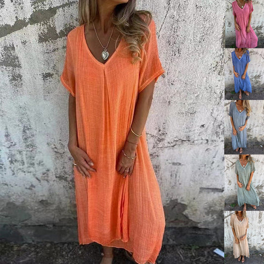 💃Άνοιξη και καλοκαίρι άνετο βαμβακερό λινό φόρεμα