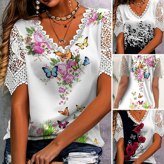 🌸💃 Δαντέλα πατσγουόρ τυπωμένη με κοντό μανίκι