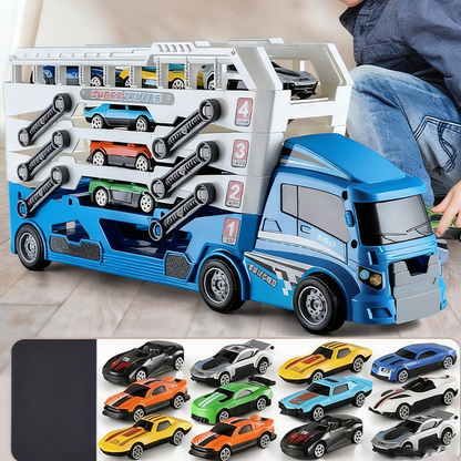 🔥Összecsukható, 4 rétegű verseny konténer teherautó játék (12 autóval)🚗