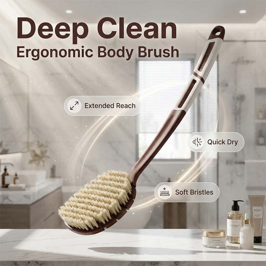 🚿Ergonómikus, hosszú nyelű, rugalmas fürdőkefe lószőrből🛀