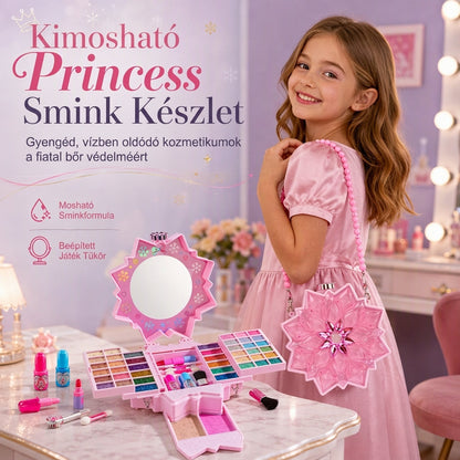 ✨ 💄 Mosható Hercegnő Sminkkészlet – Nem irritáló, tálcák és hordozható tok 🎀