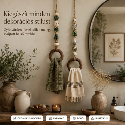 🌾✨ Díszes gyöngysorral és fa gyűrűvel ellátott törülközőtartó, fürdőszobába és konyhába egyaránt alkalmas